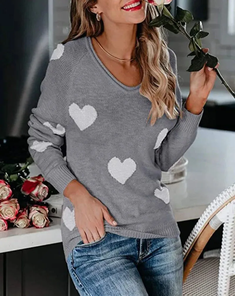 2024 New Autumn And Winter Loose Love V-neck Long-sleeved Pullover Women Jumper Sweater
