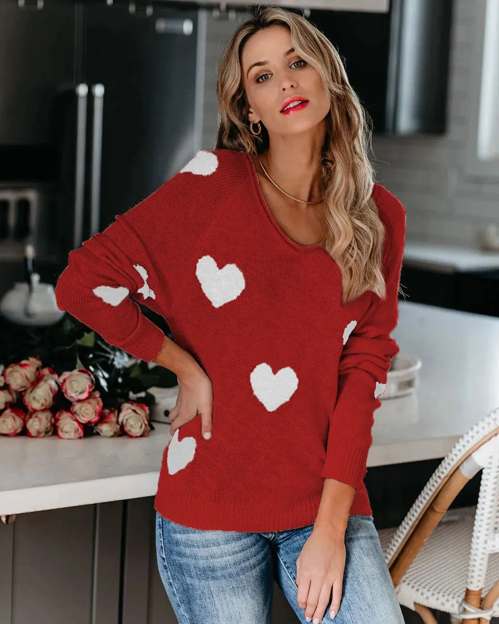 2024 New Autumn And Winter Loose Love V-neck Long-sleeved Pullover Women Jumper Sweater