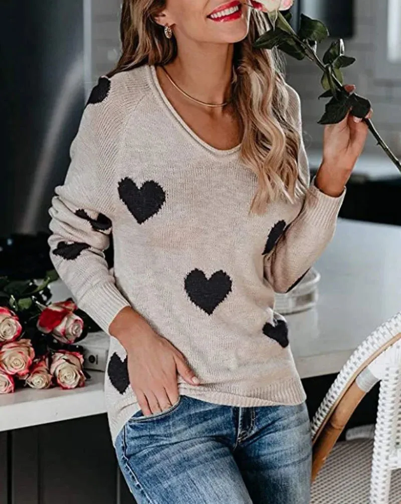 2024 New Autumn And Winter Loose Love V-neck Long-sleeved Pullover Women Jumper Sweater
