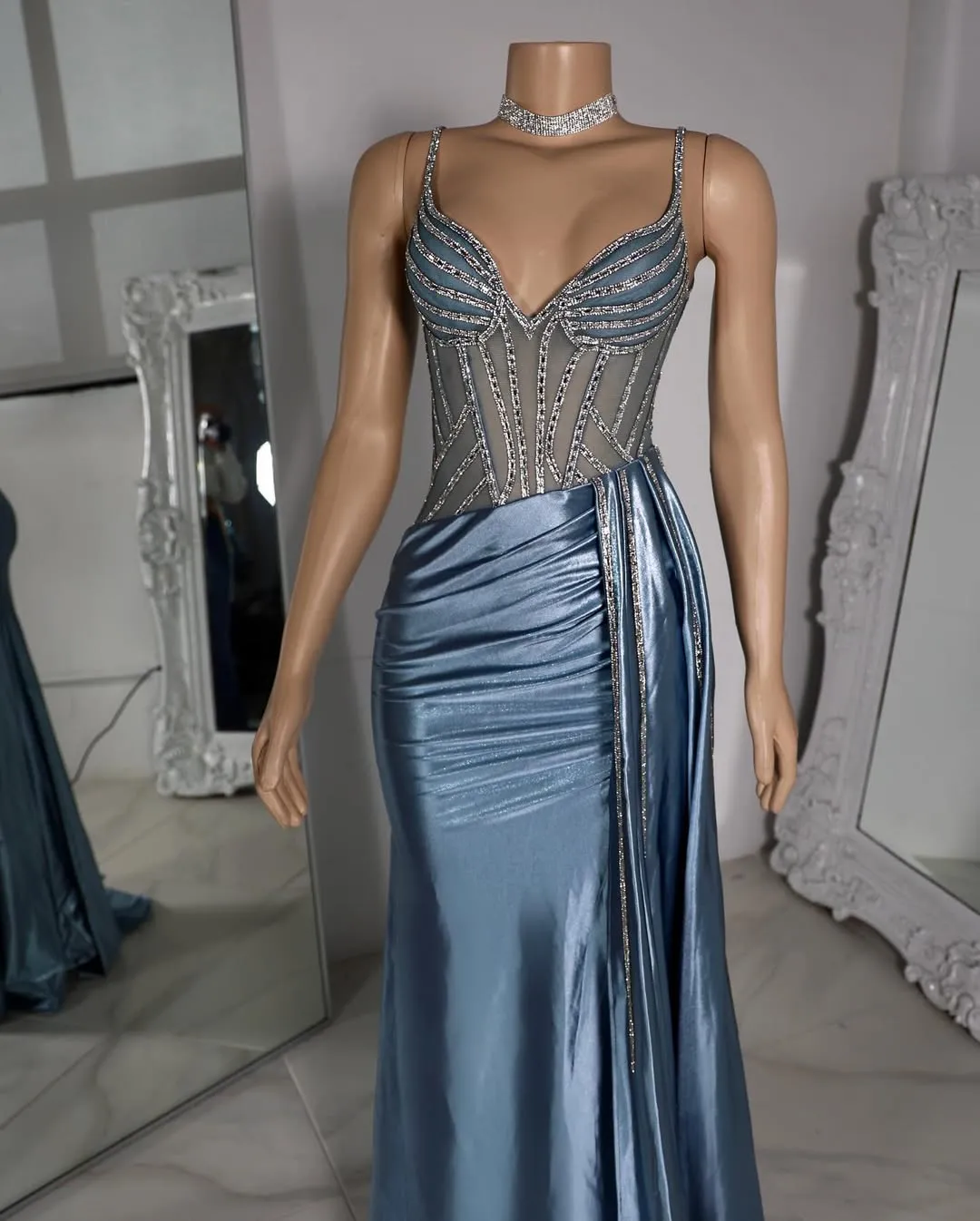 22535 - Spaghetti Straps Beaded Mermaid Prom Dresses for Black Girl Slay with Train