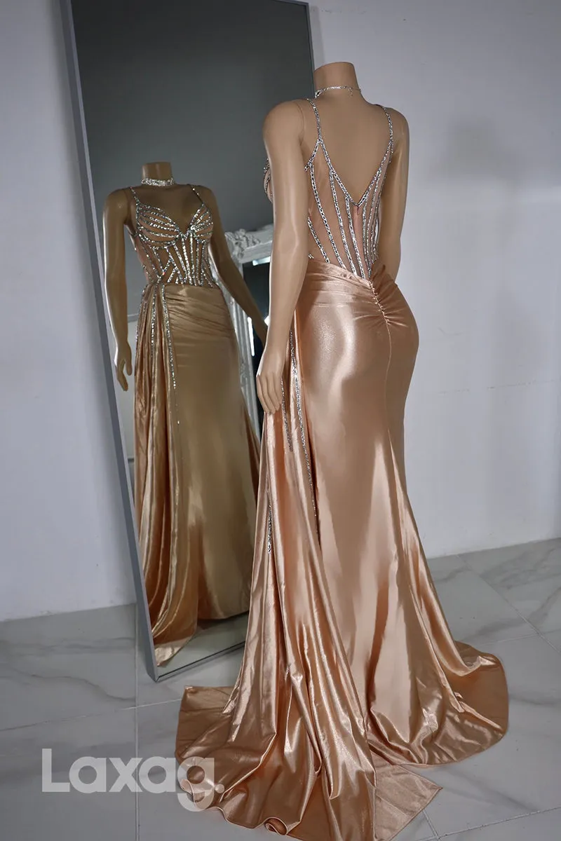 22535 - Spaghetti Straps Beaded Mermaid Prom Dresses for Black Girl Slay with Train