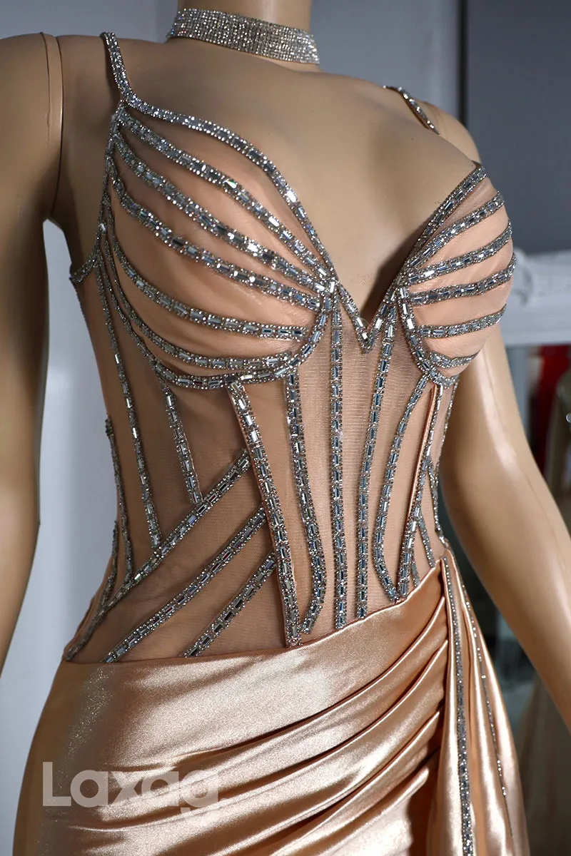 22535 - Spaghetti Straps Beaded Mermaid Prom Dresses for Black Girl Slay with Train