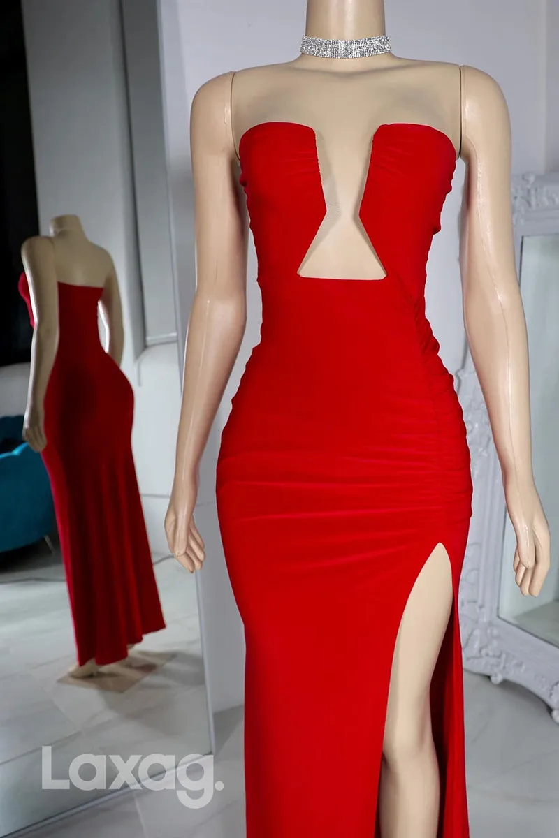 22541 - Strapless Cutout High Slit Sleek Satin Prom Dresses for Black Girl Slay