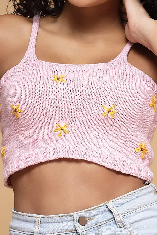 Ajoobaa "Floral" Embroidered Handknitted Top- Pink