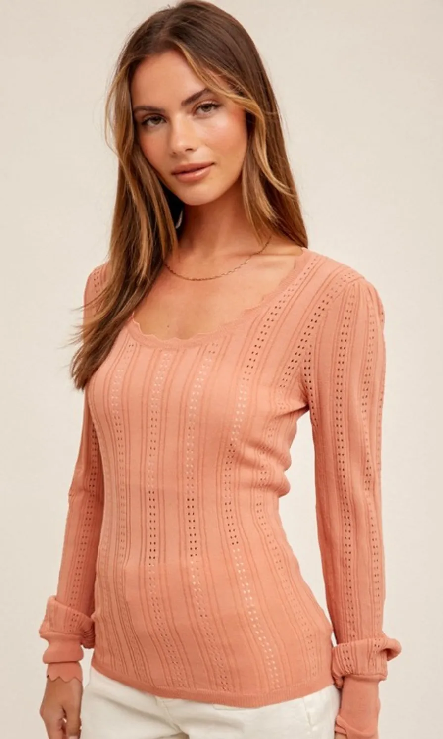 Akama Salmon Pink Pointelle Scalloped Edge Sweater Top