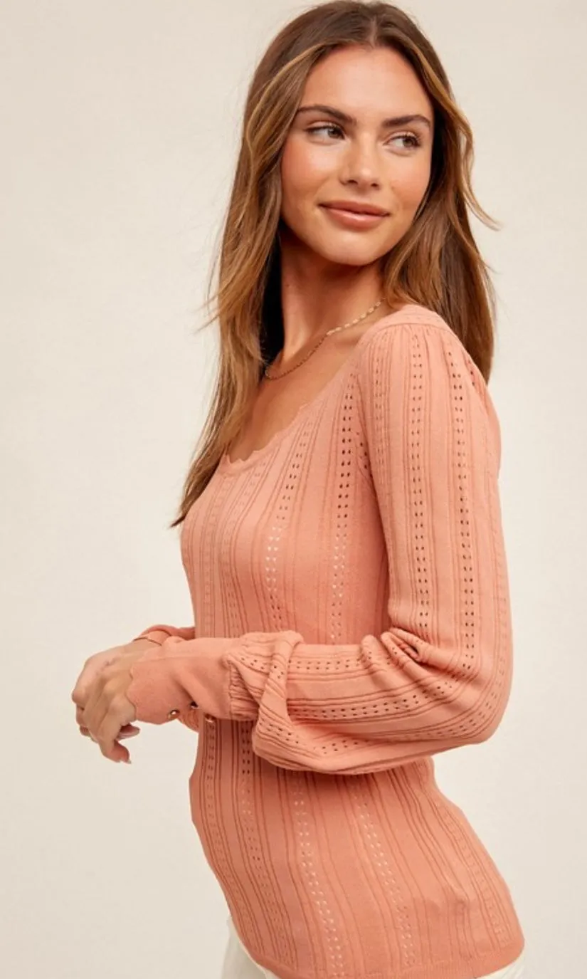 Akama Salmon Pink Pointelle Scalloped Edge Sweater Top