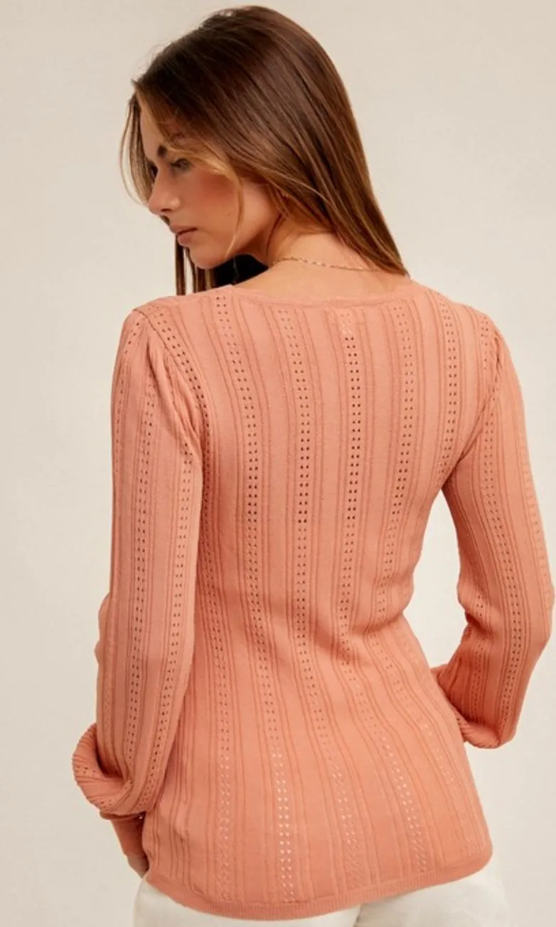 Akama Salmon Pink Pointelle Scalloped Edge Sweater Top