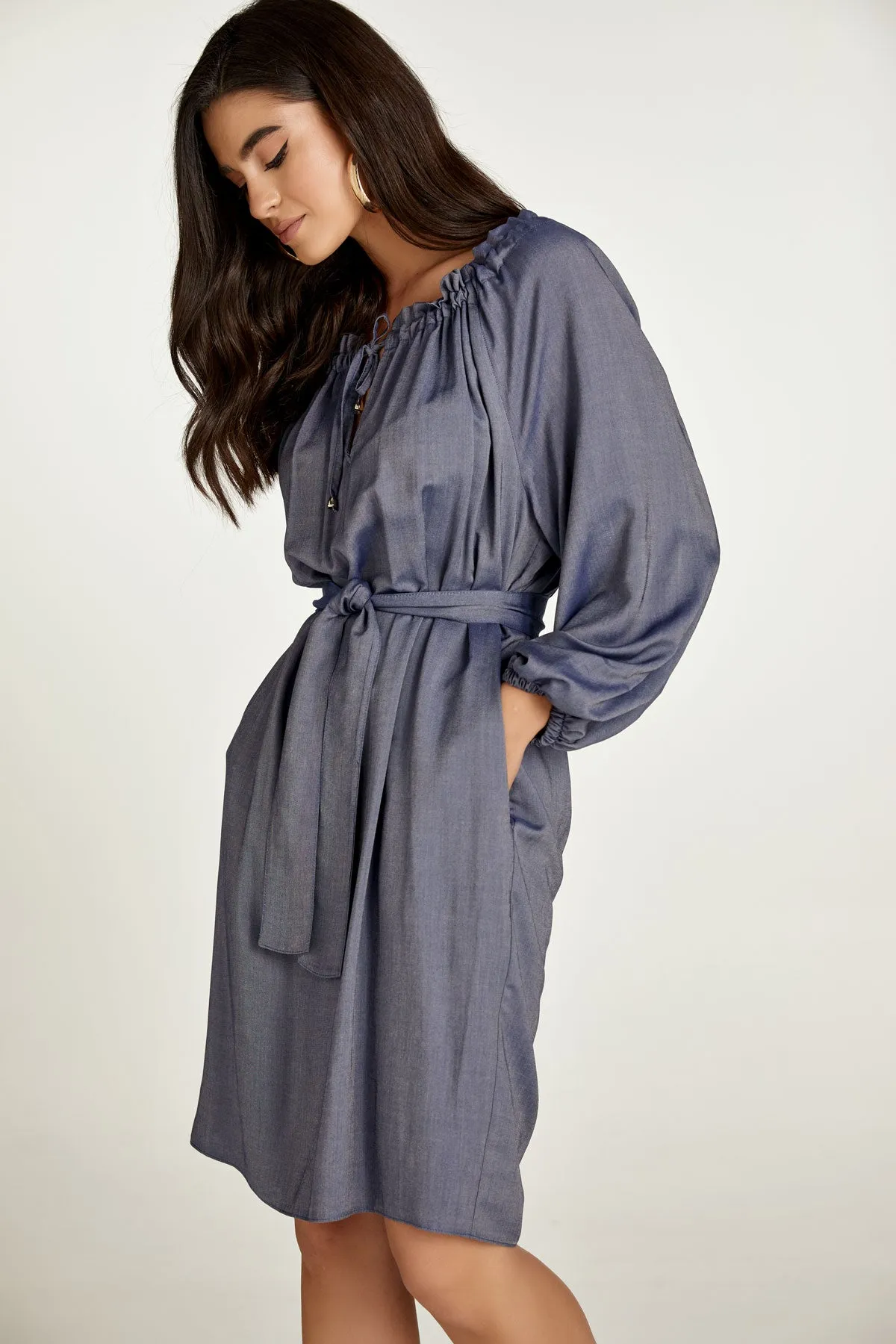 Belted Blue Denim Style Dress