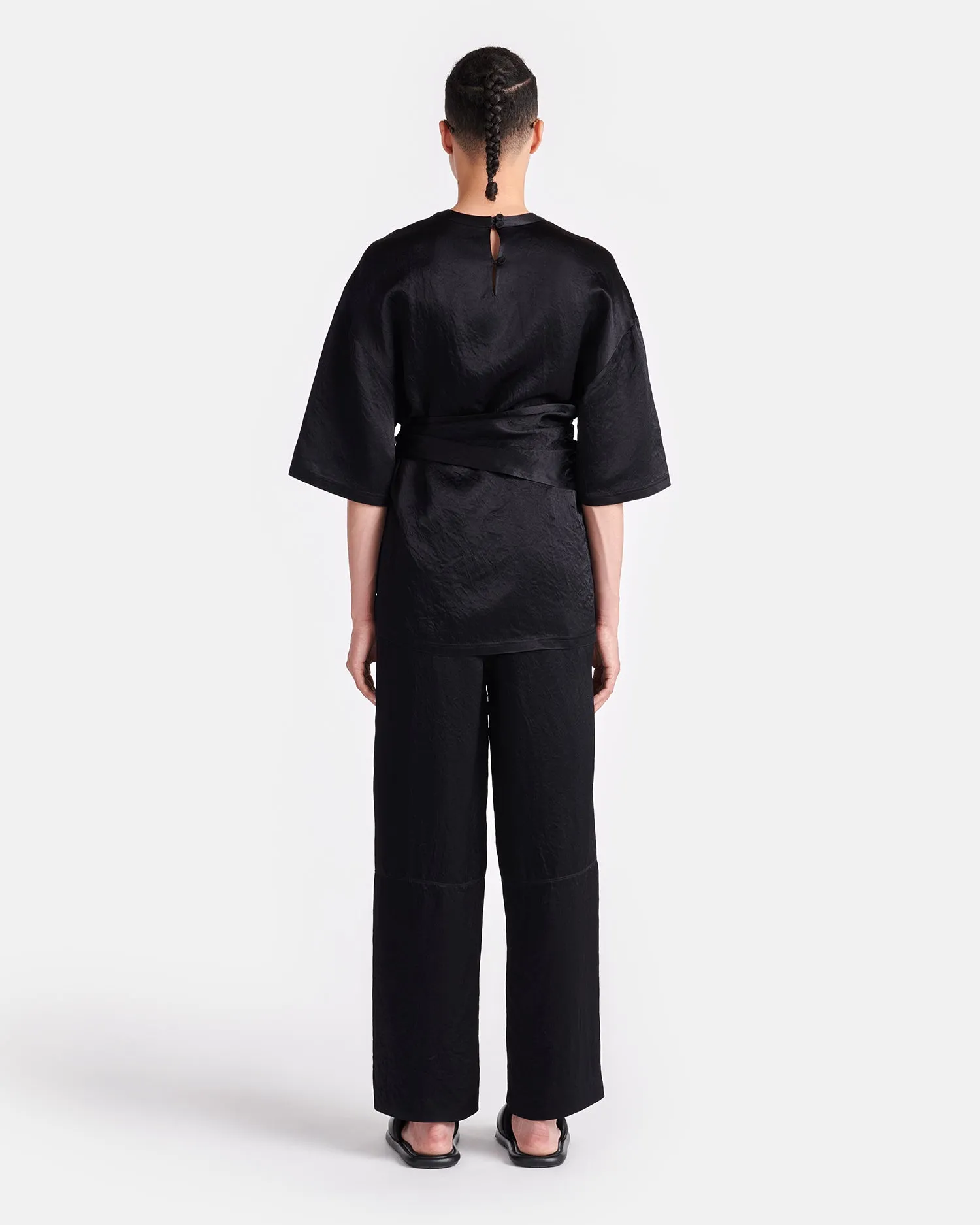 Besia - Belted Crinkled-Satin Top - Black