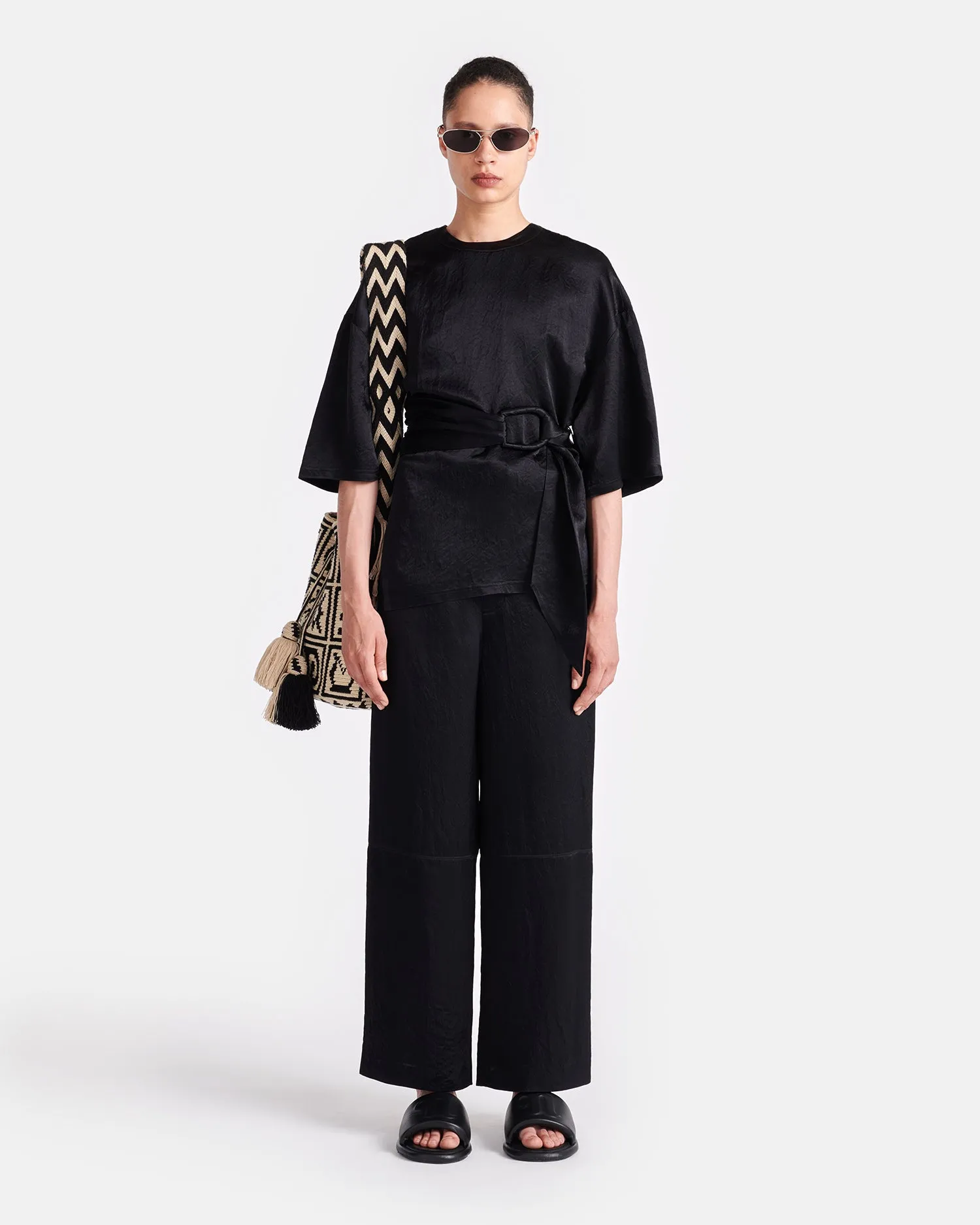Besia - Belted Crinkled-Satin Top - Black
