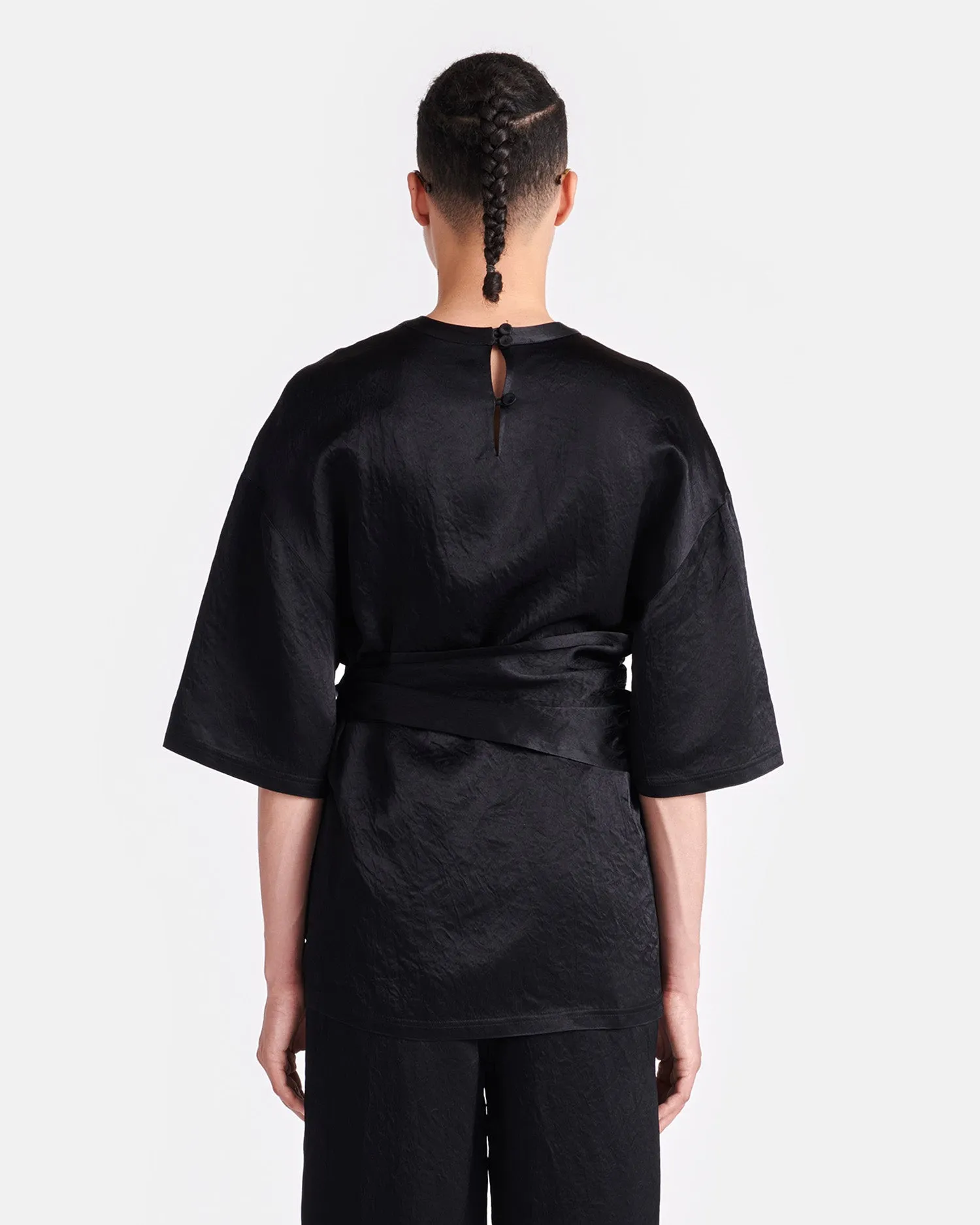 Besia - Belted Crinkled-Satin Top - Black