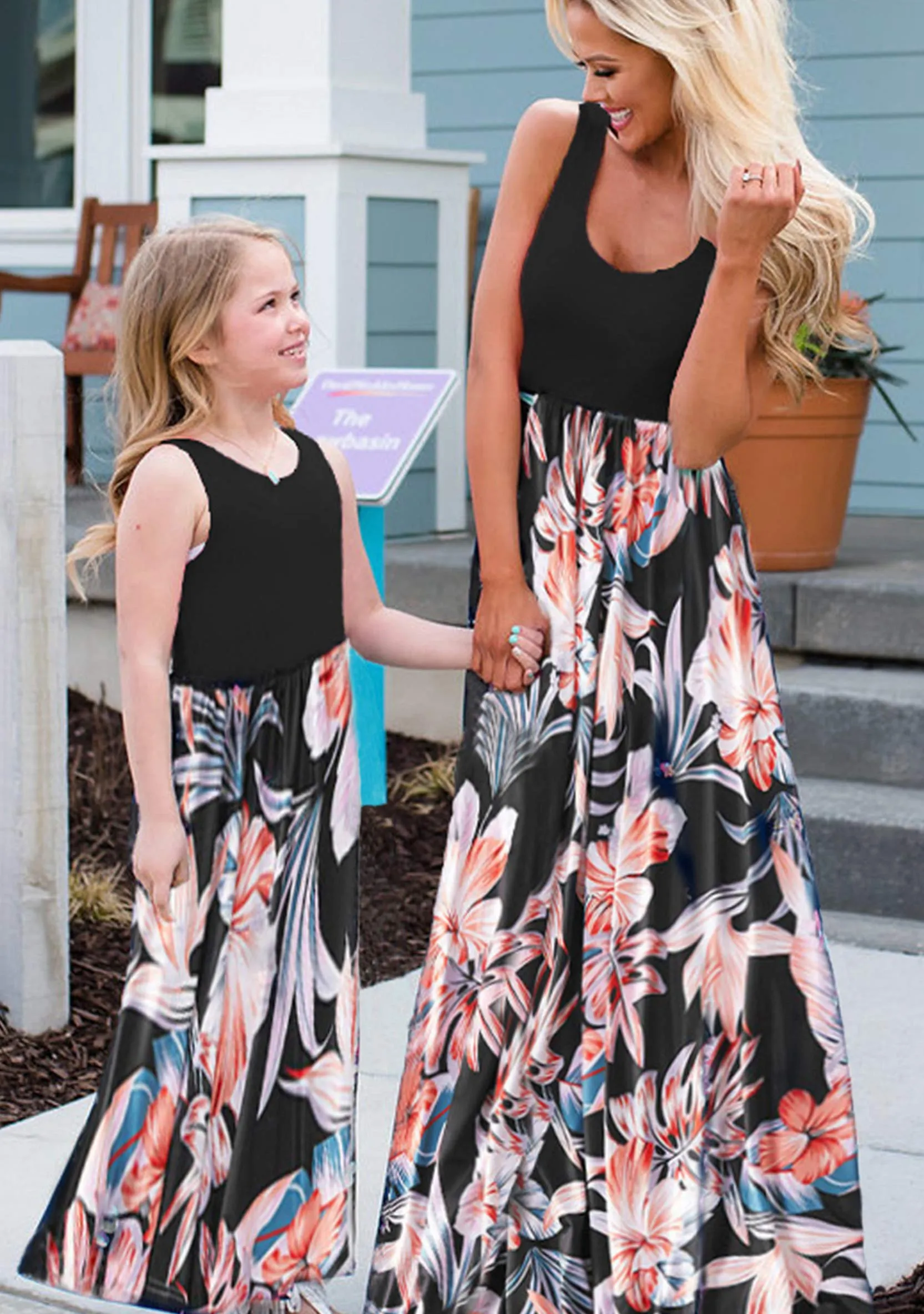 Black Flower Summer Cute Mommy and Me Boho Striped Chevron Maxi Dresses - WIWIQS