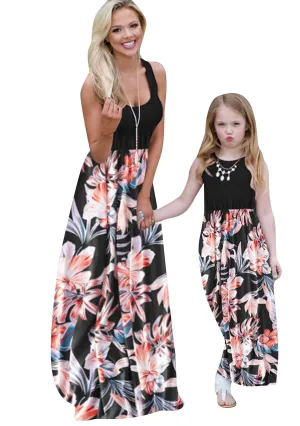 Black Flower Summer Cute Mommy and Me Boho Striped Chevron Maxi Dresses - WIWIQS
