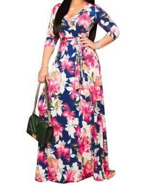 Blue Lilly Womens Casual Floral Print Long Maxi Dress Plus Size Plain Party Outfits - JTNFairy