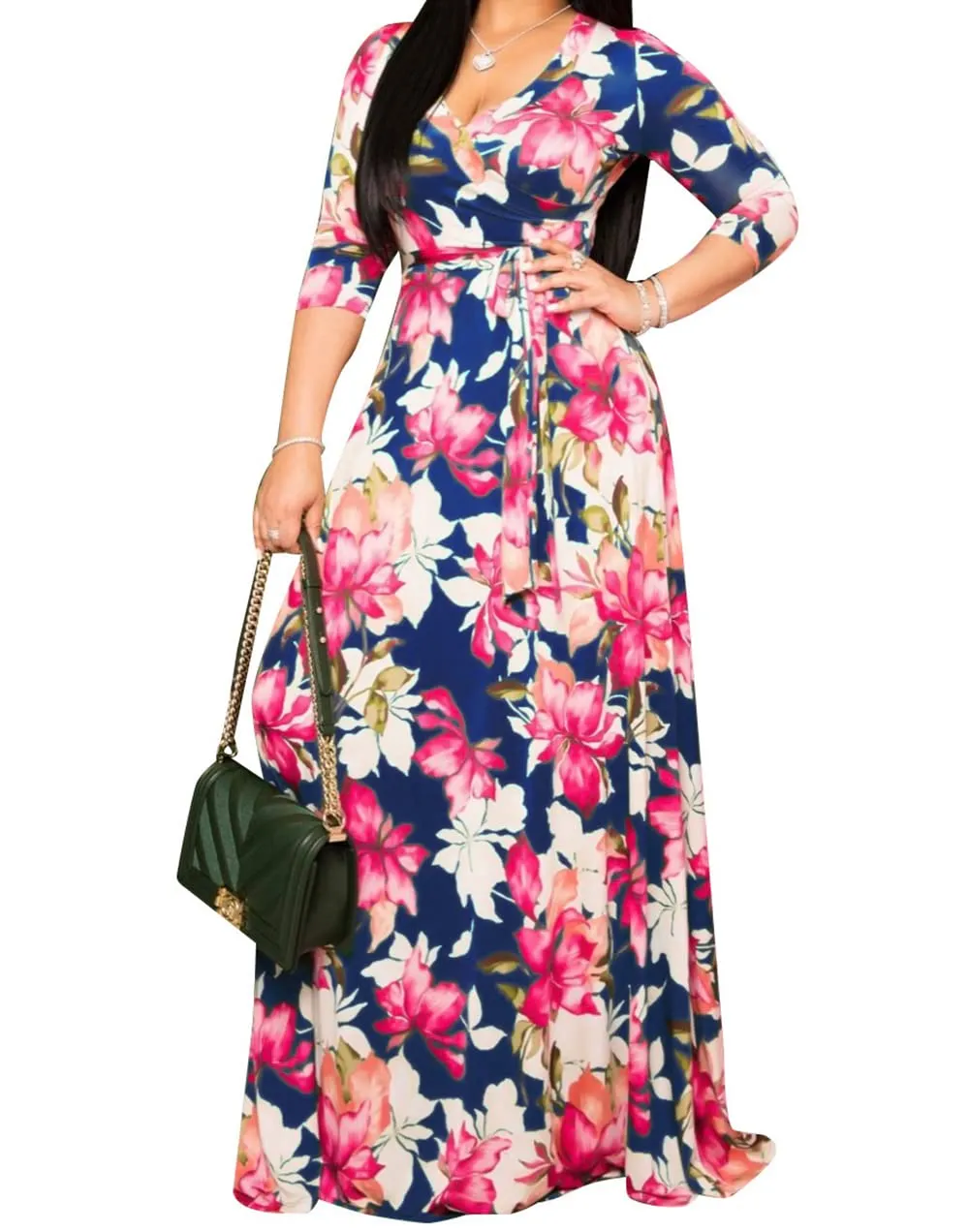 Blue Lilly Womens Casual Floral Print Long Maxi Dress Plus Size Plain Party Outfits - JTNFairy