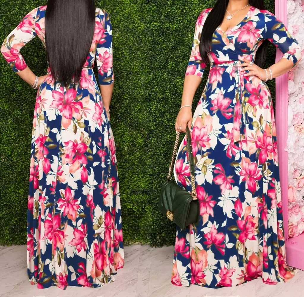 Blue Lilly Womens Casual Floral Print Long Maxi Dress Plus Size Plain Party Outfits - JTNFairy
