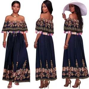 Bohemian Off Shoulder Falbala Short Sleeves Long Party Dress
