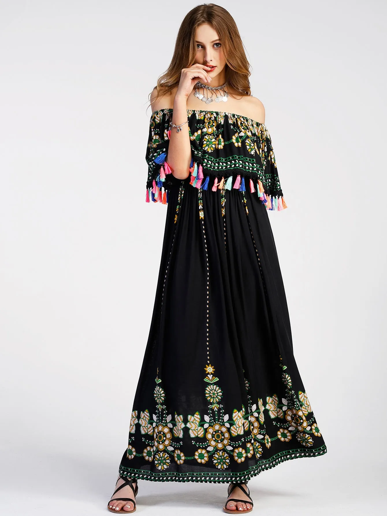 Bohemian Off Shoulder Falbala Short Sleeves Long Party Dress