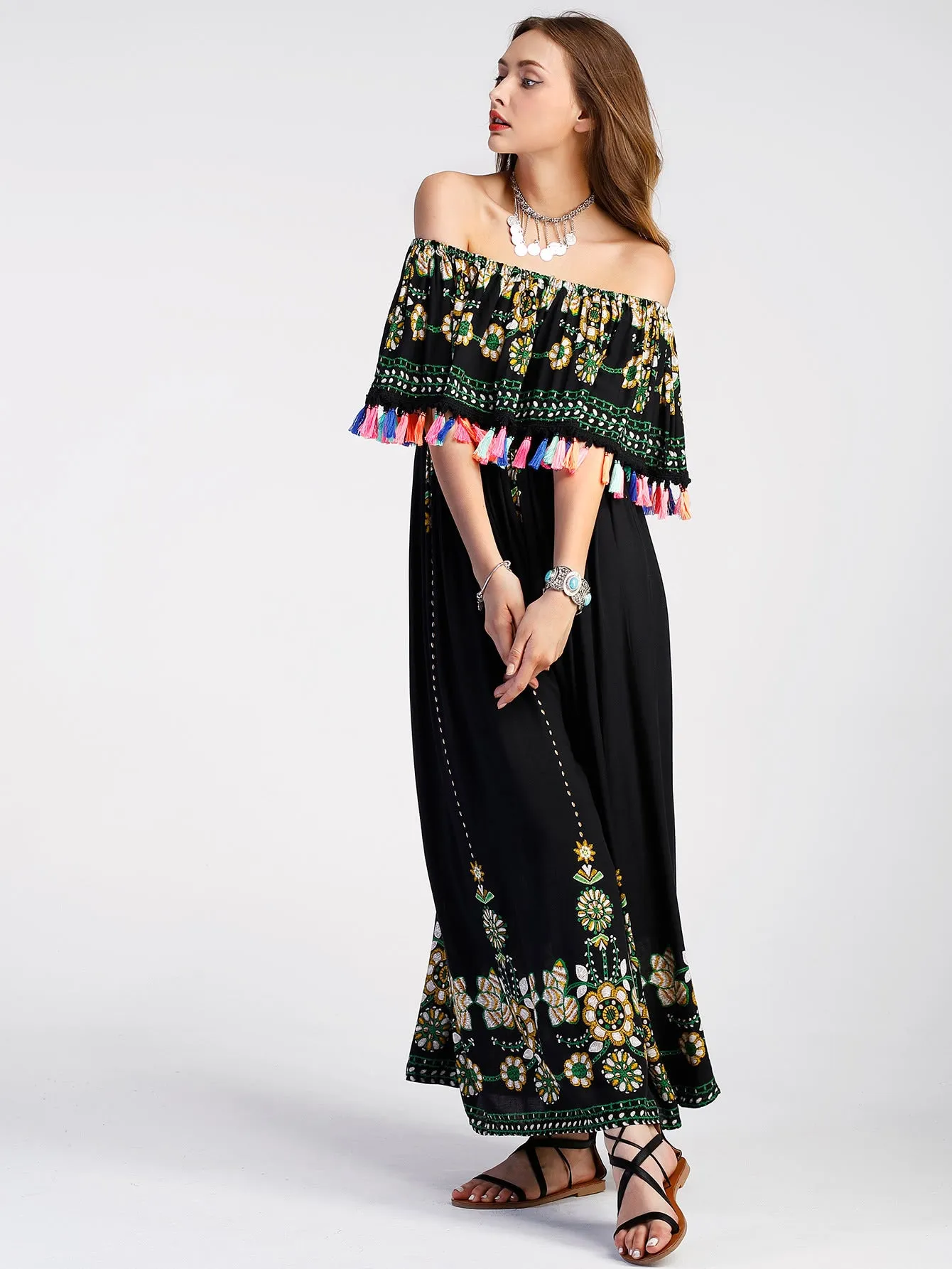 Bohemian Off Shoulder Falbala Short Sleeves Long Party Dress