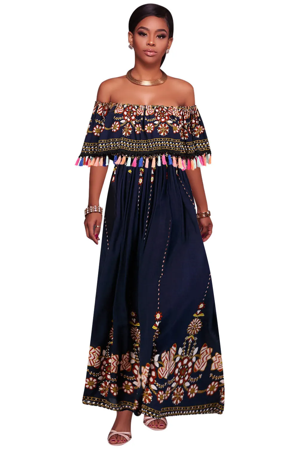 Bohemian Off Shoulder Falbala Short Sleeves Long Party Dress