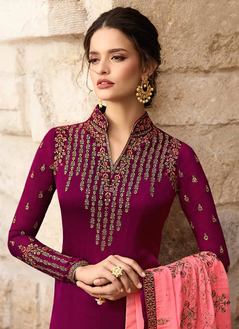 Bright Pink And Peach Traditional Pants Suit