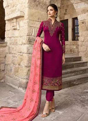 Bright Pink And Peach Traditional Pants Suit