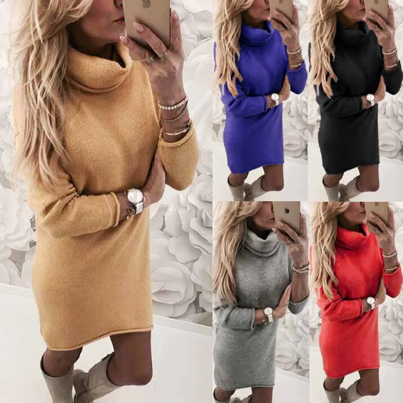 Candy Solid Color Turtleneck Women Slim Oversized Sweater Dress