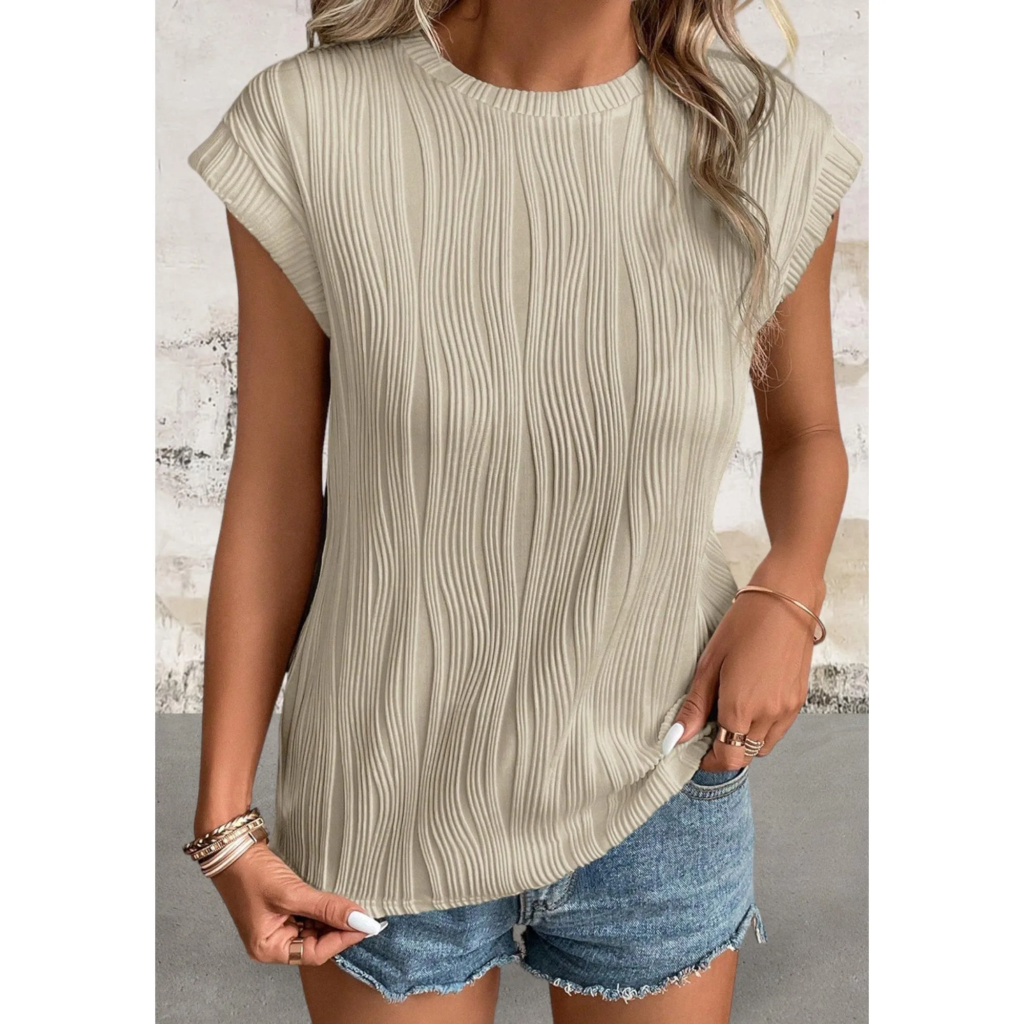 Cap Sleeve Wavy Texture Top