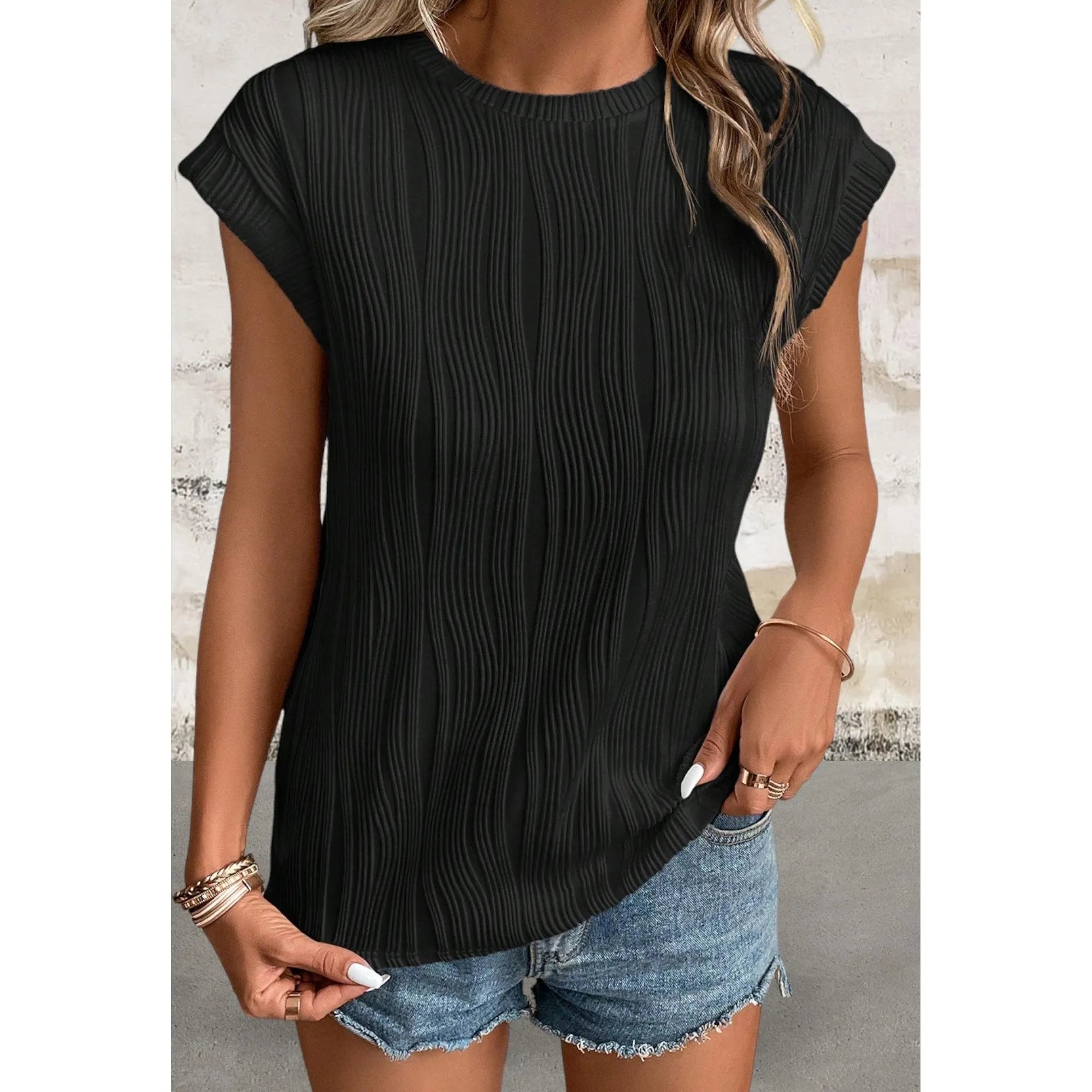 Cap Sleeve Wavy Texture Top