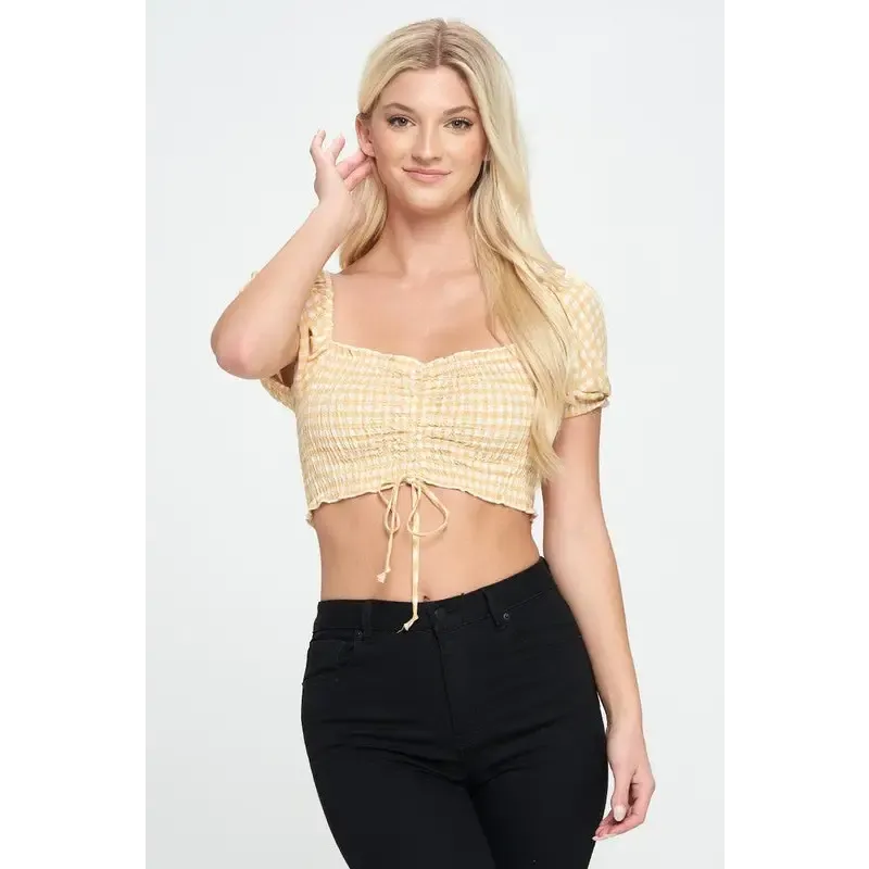 Cap sleeves smock crop top in gingham