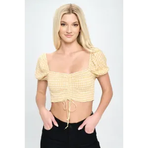 Cap sleeves smock crop top in gingham