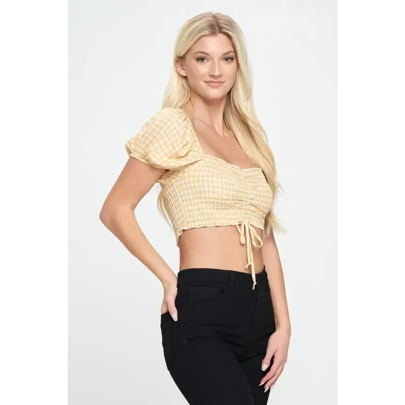Cap sleeves smock crop top in gingham