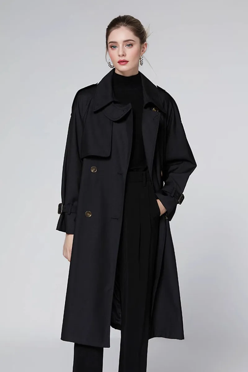 Classic Double Breasted Long Trench Coat with Belt
