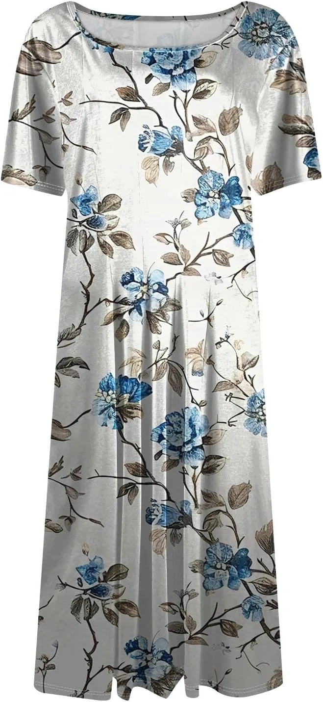 COTECRAM Summer Dress for Women 2025 Vacation Casual Short Sleeve Floral Boho Dresses Beach Flowy Midi Sundress with Pockets