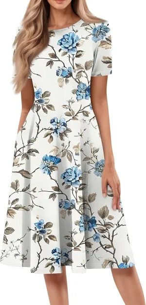 COTECRAM Summer Dress for Women 2025 Vacation Casual Short Sleeve Floral Boho Dresses Beach Flowy Midi Sundress with Pockets