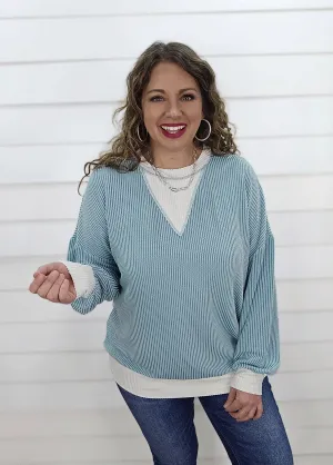 DARK SAGE RAISED RIBBED CONTRAST KNIT TOP