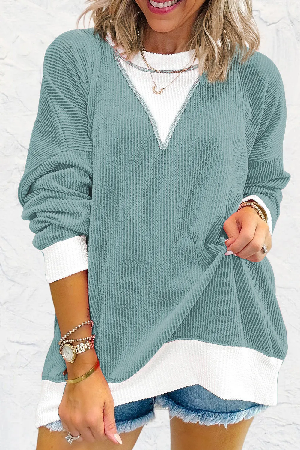 DARK SAGE RAISED RIBBED CONTRAST KNIT TOP