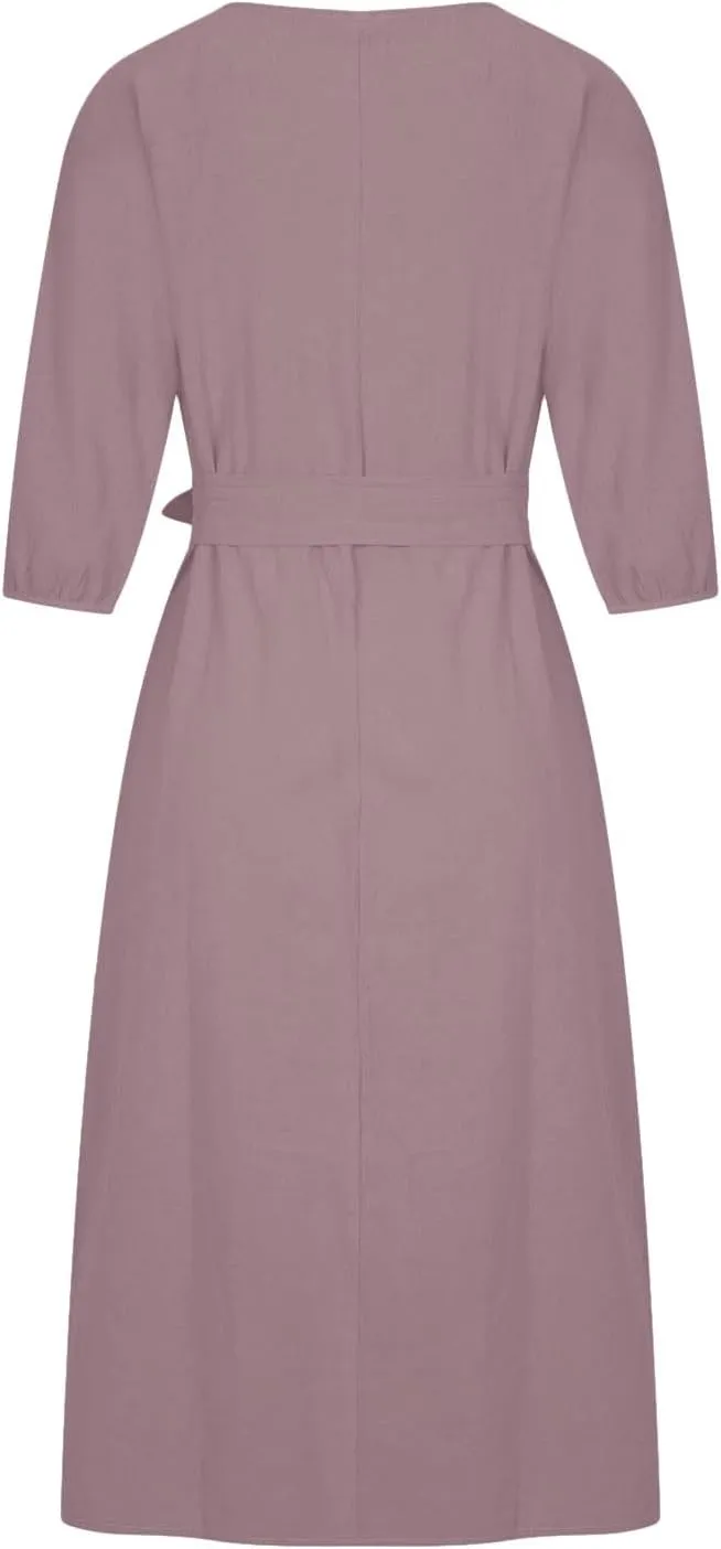 DDAPJ pyju Summer Midi Dresses for Women Plus Size Casual Half Sleeve Belted Crewneck Tshirt Dress Plain Beach Travel Dress