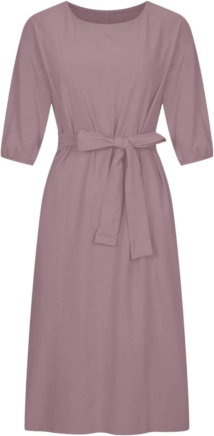 DDAPJ pyju Summer Midi Dresses for Women Plus Size Casual Half Sleeve Belted Crewneck Tshirt Dress Plain Beach Travel Dress
