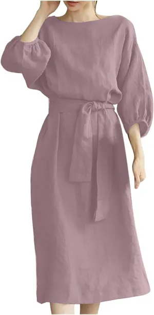 DDAPJ pyju Summer Midi Dresses for Women Plus Size Casual Half Sleeve Belted Crewneck Tshirt Dress Plain Beach Travel Dress