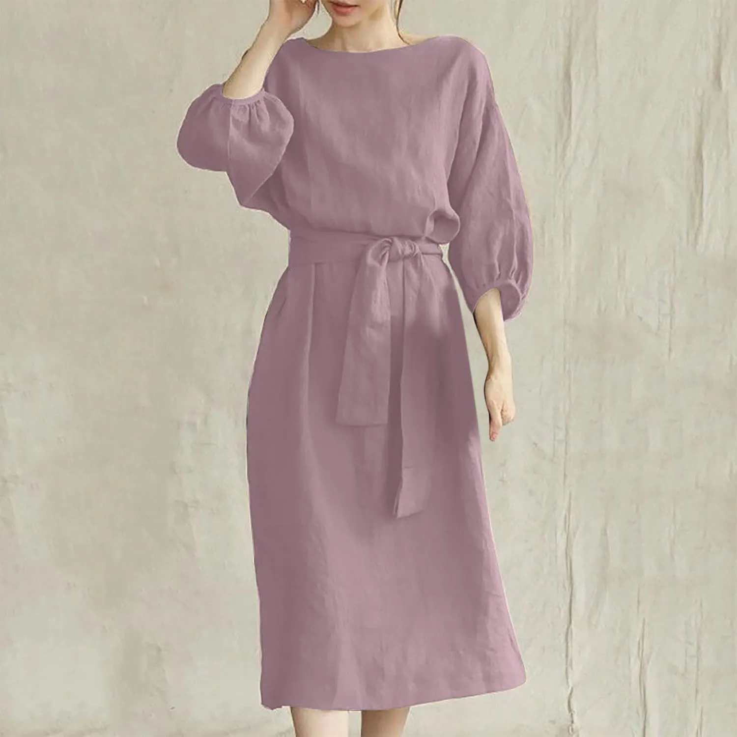 DDAPJ pyju Summer Midi Dresses for Women Plus Size Casual Half Sleeve Belted Crewneck Tshirt Dress Plain Beach Travel Dress