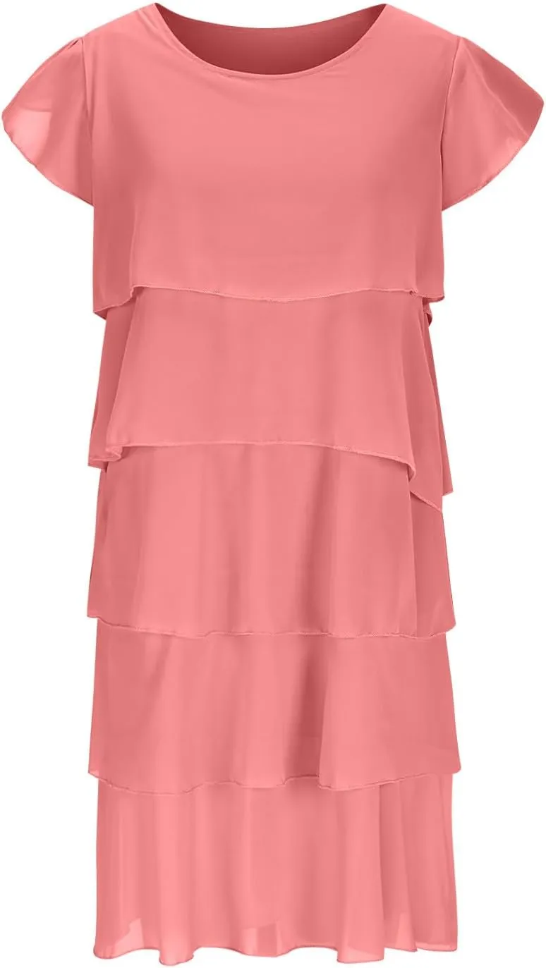 DDAPJ pyju Womens Chiffon Wedding Guest Dresses Flowy Tiered Midi Dress Plus Size Crewneck Cap Sleeve Party Cocktail Dress