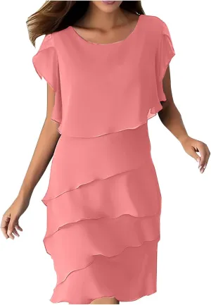 DDAPJ pyju Womens Chiffon Wedding Guest Dresses Flowy Tiered Midi Dress Plus Size Crewneck Cap Sleeve Party Cocktail Dress