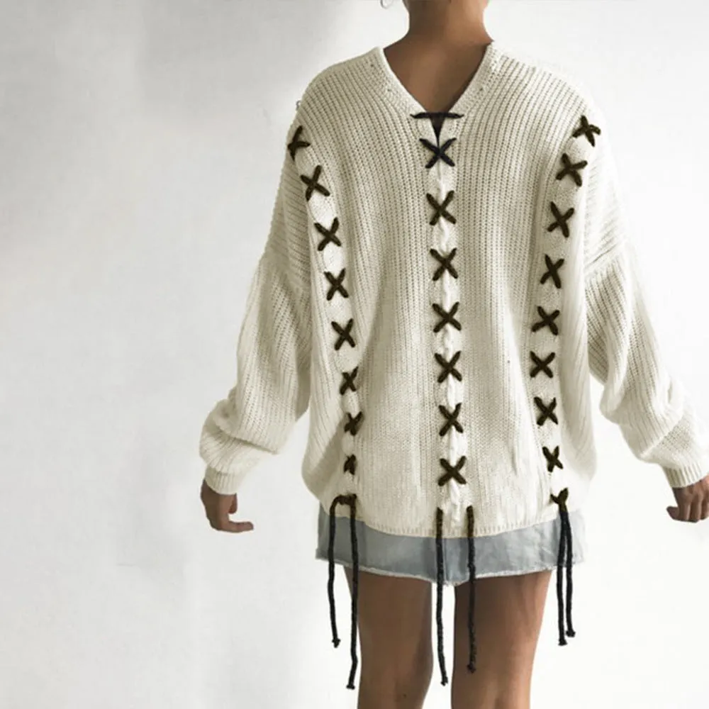 Deep V-neck Long Batwing Sleeves Loose Knit Sweater