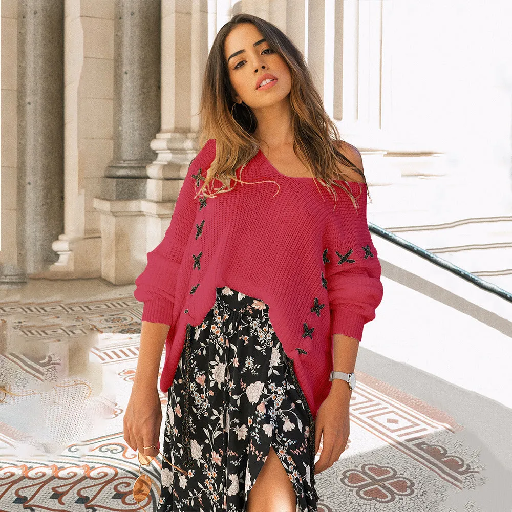 Deep V-neck Long Batwing Sleeves Loose Knit Sweater