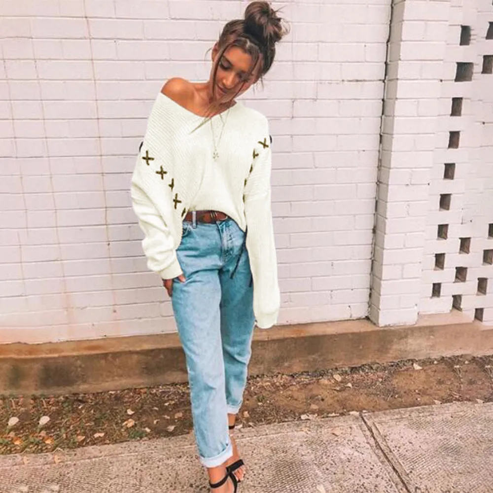 Deep V-neck Long Batwing Sleeves Loose Knit Sweater