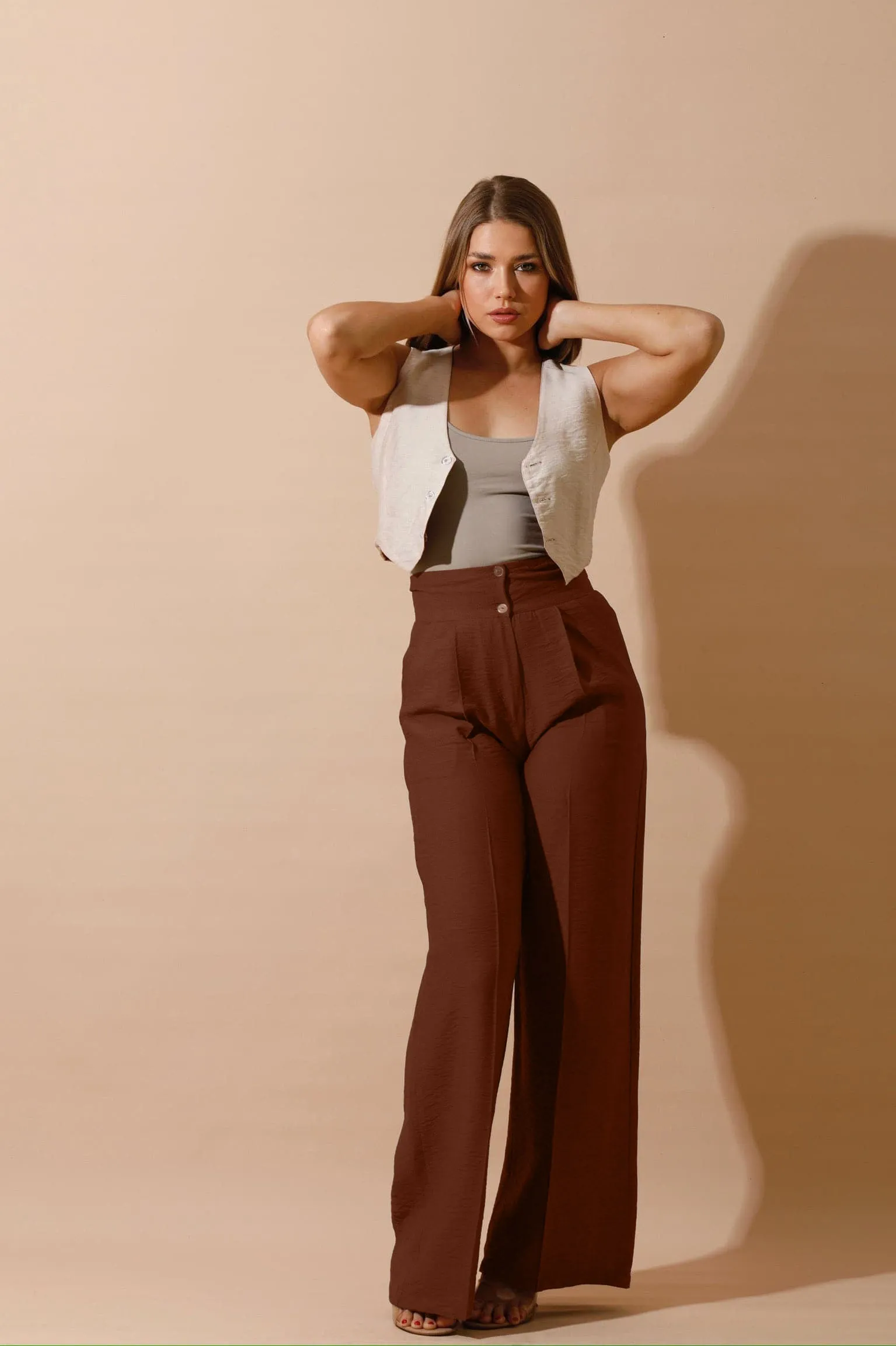 Double-Faced Vest & Pants Set - Brown/Beige