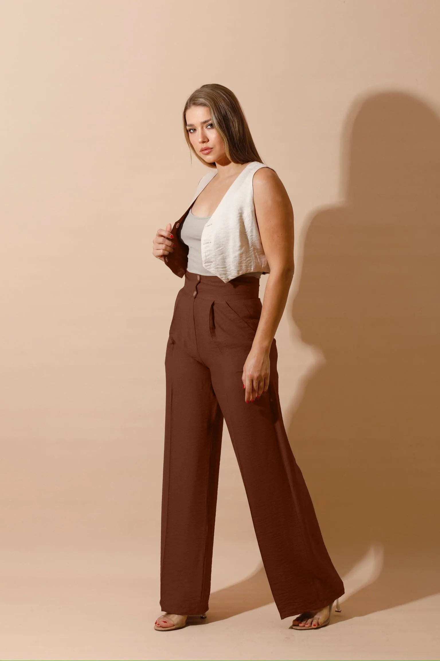 Double-Faced Vest & Pants Set - Brown/Beige