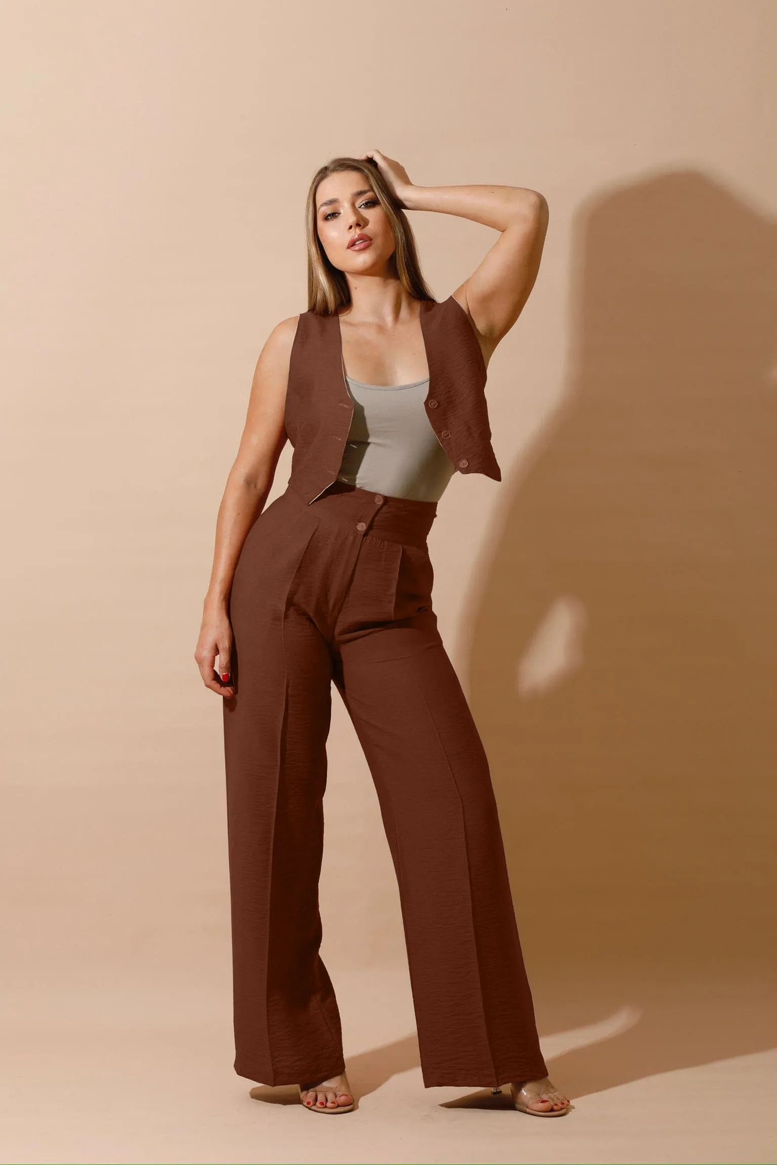 Double-Faced Vest & Pants Set - Brown/Beige