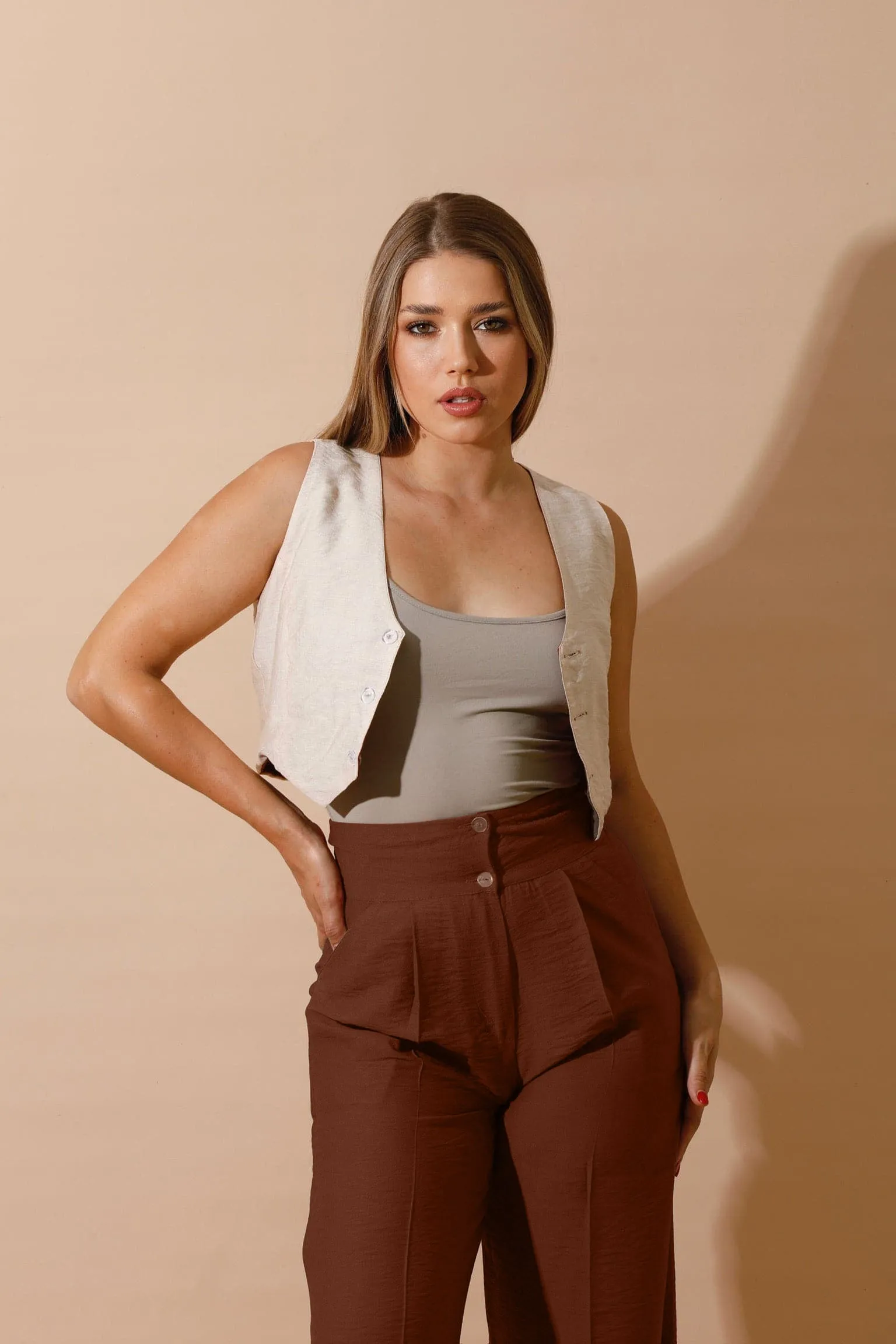 Double-Faced Vest & Pants Set - Brown/Beige